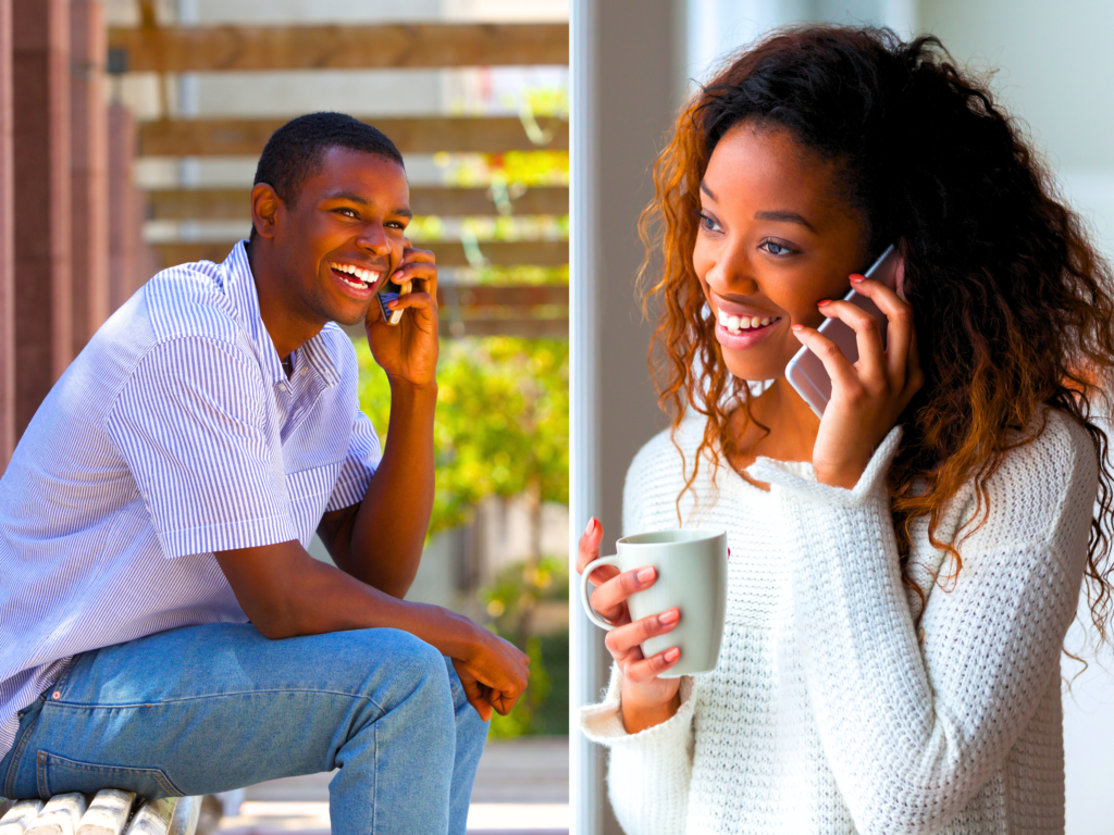 Image of a Black couple in a long-distance relationship smiling while on a phone call.